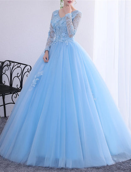 Wholesale Ball Gown Quinceanera Dresses Princess Dress Performance Quinceanera Floor Length Long Sleeve V Neck Polyester with Crystals Appliques