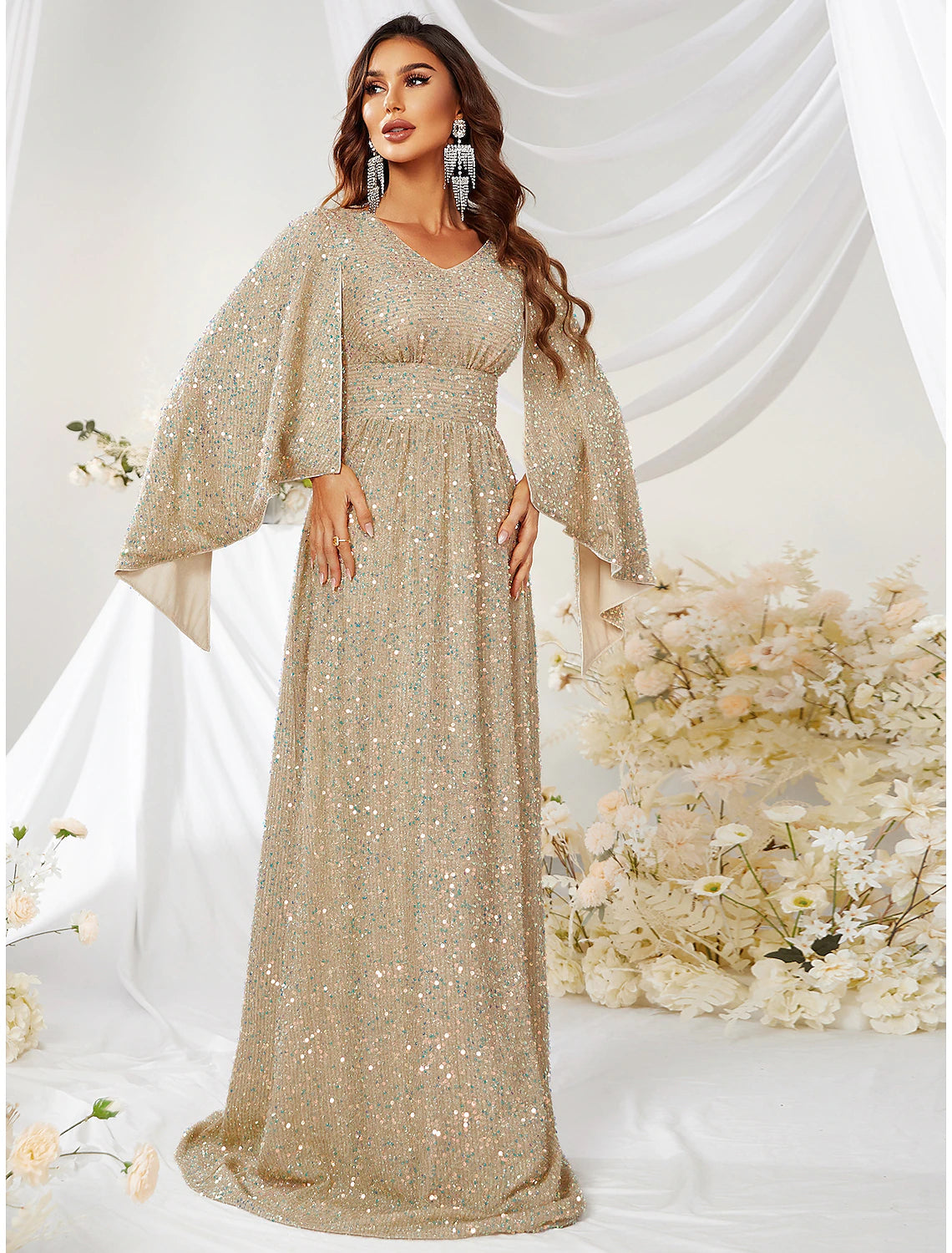 Wholesale A-Line Evening Gown Sparkle & Shine Dress Formal Wedding Sweep / Brush Train Long Sleeve V Neck Capes Polyester with Sequin