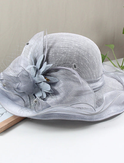 Wholesale Hats Headwear Straw Hats Tulle Linen / Polyester Blend Bucket Hat Straw Hat Sun Hat Casual Holiday Kentucky Derby Melbourne Cup Vintage Style Elegant With Feather Appliques Headpiece Headwear