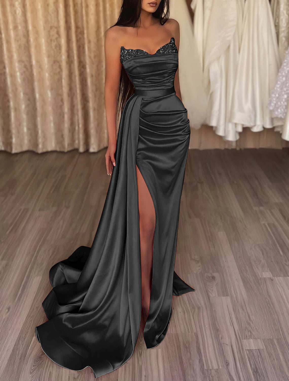 Wholesale Mermaid / Trumpet Evening Gown Sexy Dress Cocktail Party Court Train Sleeveless Strapless Bridesmaid Dress Satin with Beading Sequin