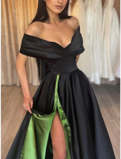 Wholesale A-Line Evening Gown Elegant Dress Formal Floor Length Black Dress Short Sleeve Off Shoulder Satin with Pleats Slit