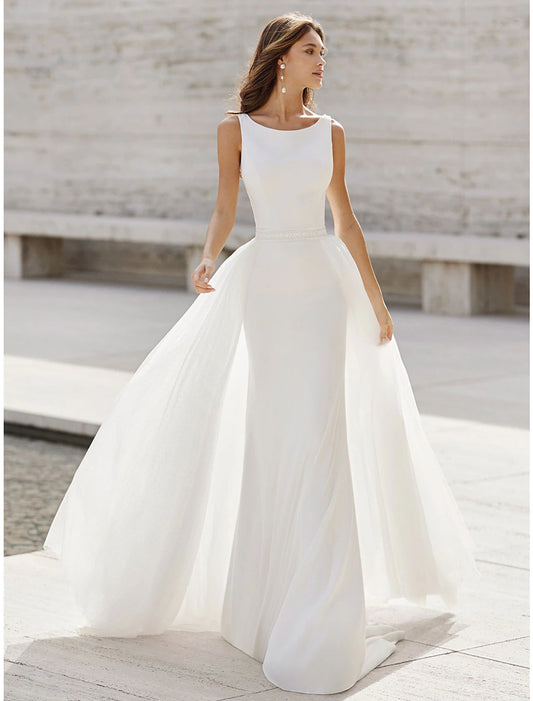 Wholesale Beach Open Back Wedding Dresses Mermaid / Trumpet Scoop Neck Sleeveless Court Train Satin Bridal Suits Bridal Gowns With Appliques