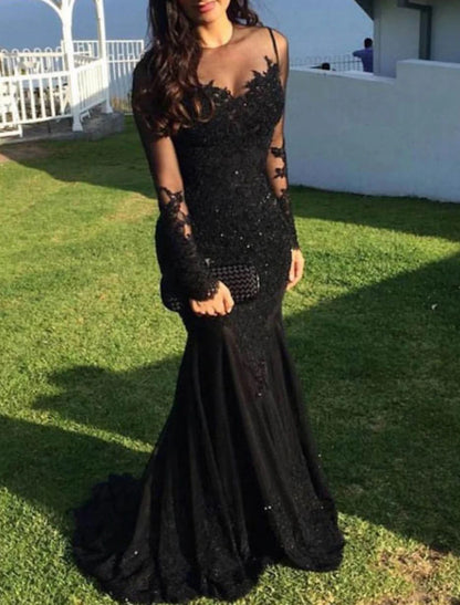 Wholesale Mermaid Black Dress Evening Gown Sequin Prom Dress Sparkle Formal Gown Sweep / Brush Train Long Sleeve Illusion Neck Lace with Appliques