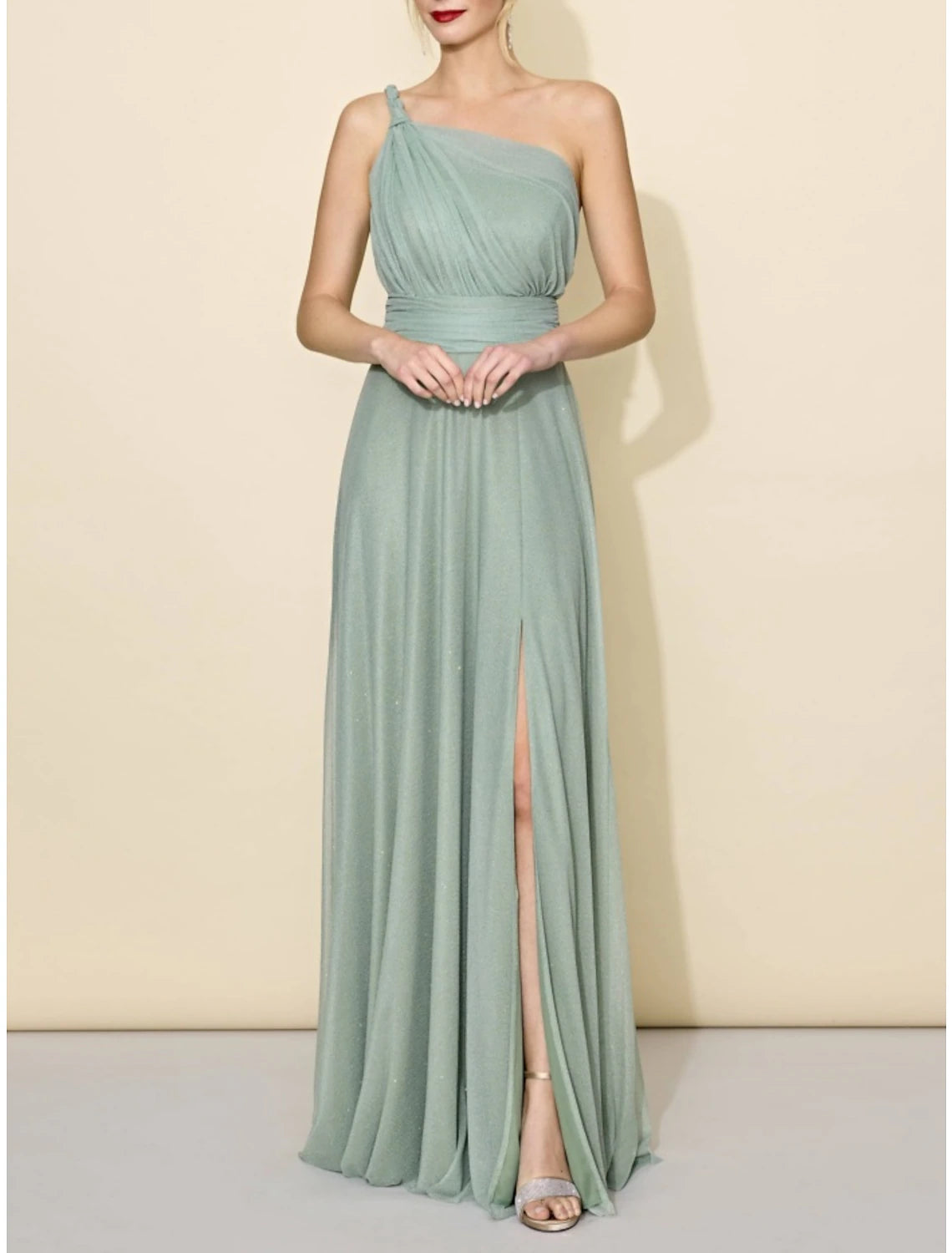 Wholesale A-Line Bridesmaid Dress One Shoulder Sleeveless Elegant Floor Length Tulle with Split Front / Ruching