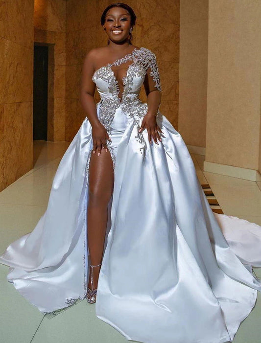 Wholesale  Formal Wedding Dresses Ball Gown One Shoulder Regular Straps Court Train Satin Bridal Gowns With Beading Split Front 2023 Summer Wedding Party, Women's Clothing