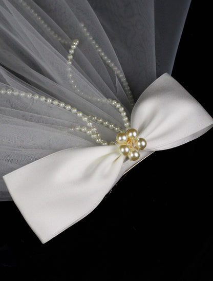 Wholesale Two-tier Cute Wedding Veil Elbow Veils with Faux Pearl / Satin Bow Tulle