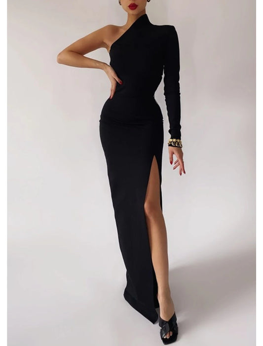 Wholesale Mermaid Black Dress Plus Size Evening Gown Minimalist Dress Formal Evening Sweep / Brush Train Long Sleeve One Shoulder Fall Wedding Guest Stretch Fabric with Slit Pure Color