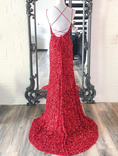 Wholesale Mermaid / Trumpet Prom Dresses Sparkle & Shine Dress Party Wear Wedding Party Floor Length Sleeveless Spaghetti Strap Sequined with Sequin