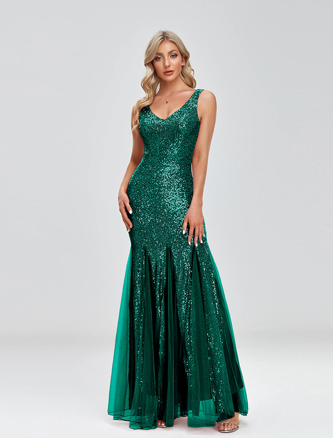 Wholesale Mermaid / Trumpet Evening Gown Sparkle Dress Wedding Guest Formal Evening Floor Length Sleeveless V Neck Tulle V Back with Sequin Splicing