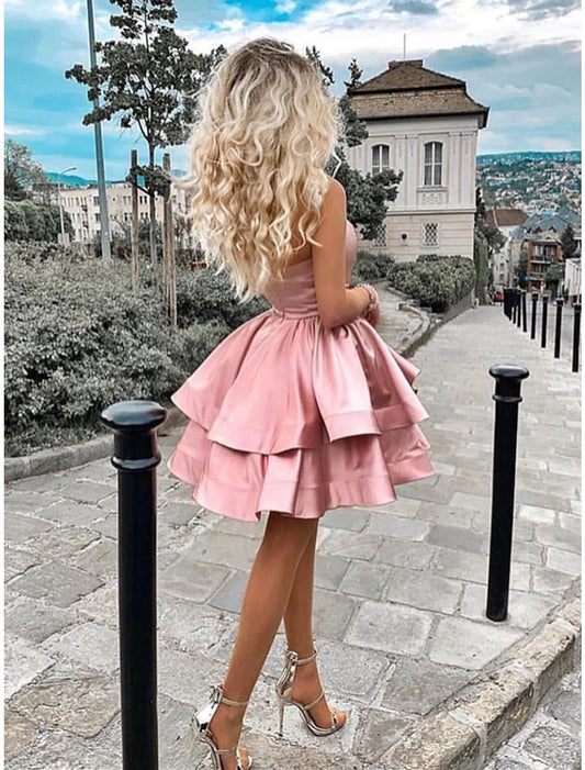 Wholesale A-Line Satin Mini Homecoming Dress One Shoulder Minimalist Cocktail Party Dress Sleeveless Short / Mini With Tier