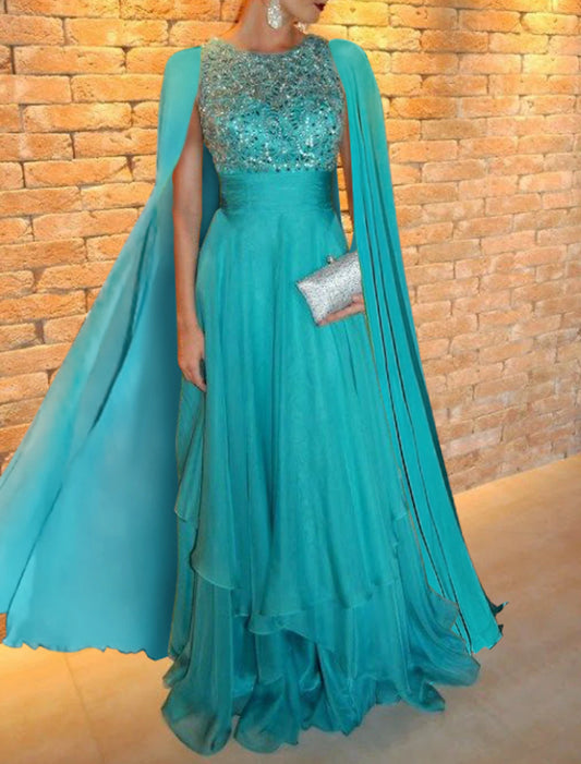 Wholesale A-Line Evening Gown Elegant Dress Wedding Guest Wedding Party Floor Length Short Sleeve Jewel Neck Capes Chiffon with Appliques Shawl