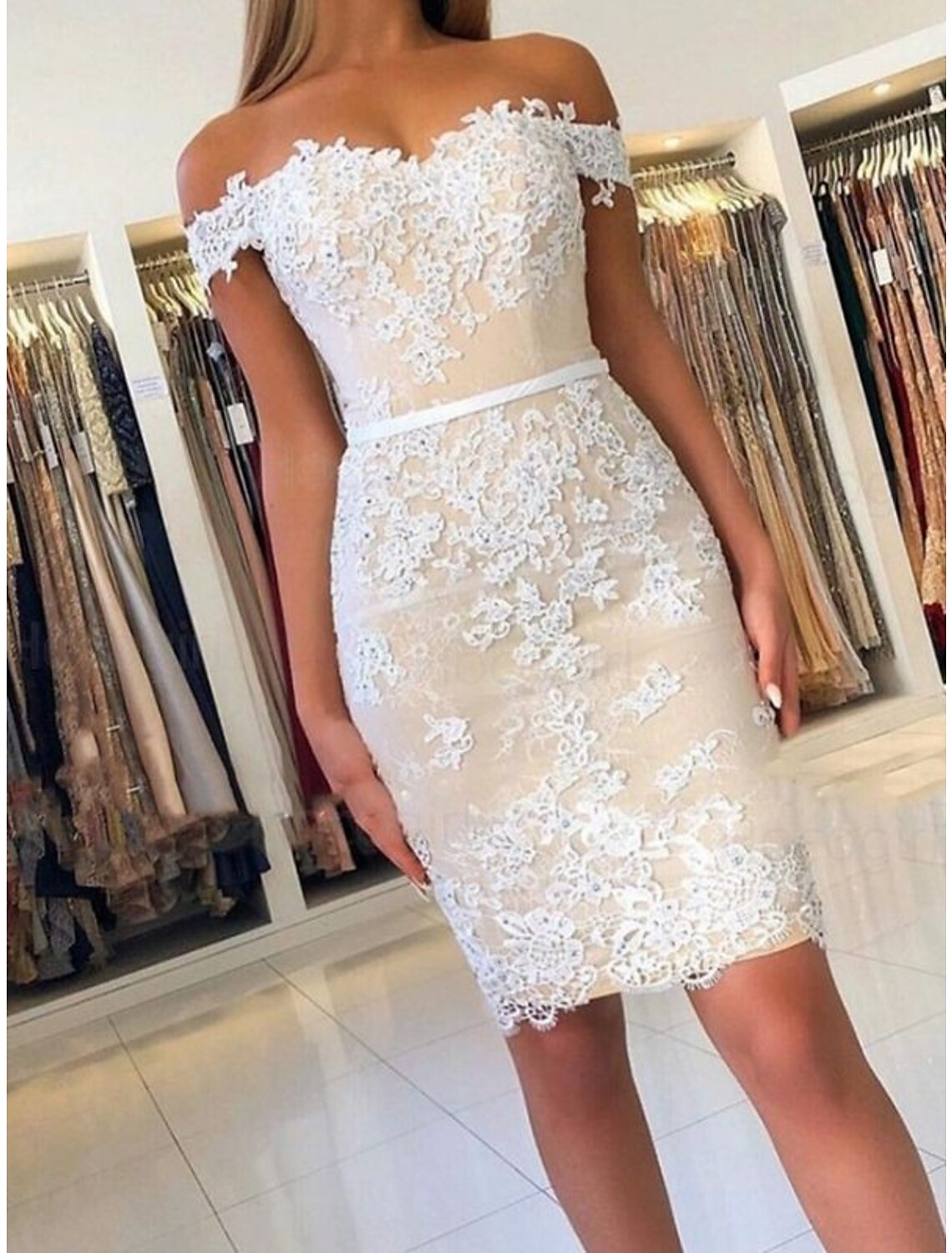 Wholesale Sheath / Column Homecoming Dresses Floral Dress Holiday Cocktail Party Short / Mini Sleeveless Off Shoulder Lace with Appliques