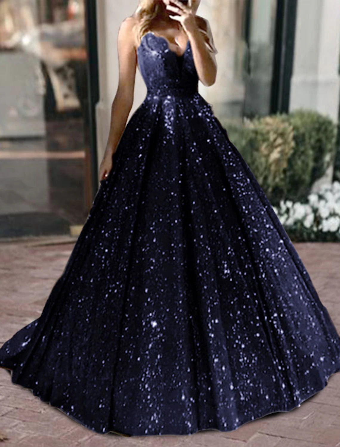 Wholesale Ball Gown Glitter Prom Dresses Luxurious Tulle Sparkly Dress For Wedding Party Quinceanera Sweep / Brush Train Sleeveless V Neck Tulle V Back with Sequin