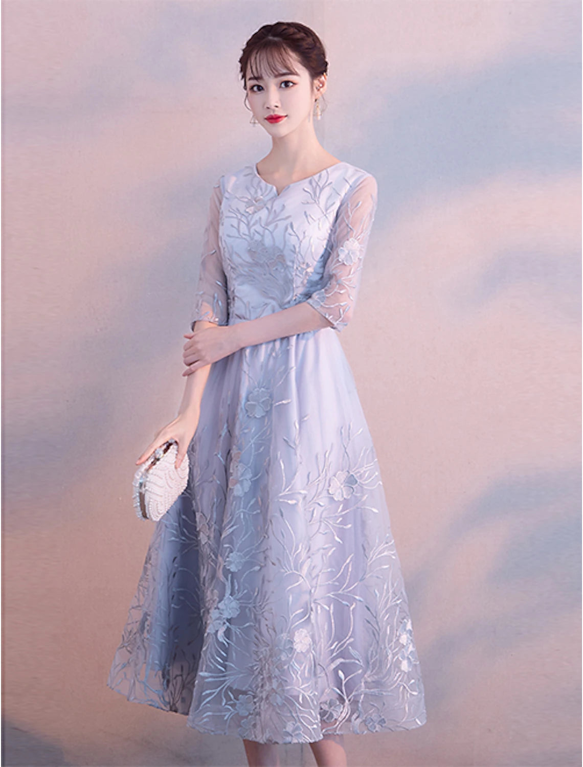 Wholesale A-Line Elegant Cocktail Party Prom Dress Jewel Neck 3/4 Length Sleeve Tea Length Lace with Lace Insert Pattern / Print Appliques