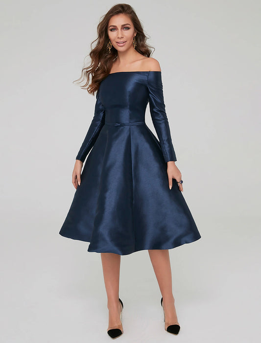 Wholesale A-Line Special Occasion Dresses Party Dress Wedding Guest Knee Length Long Sleeve Off Shoulder Satin with Pleats