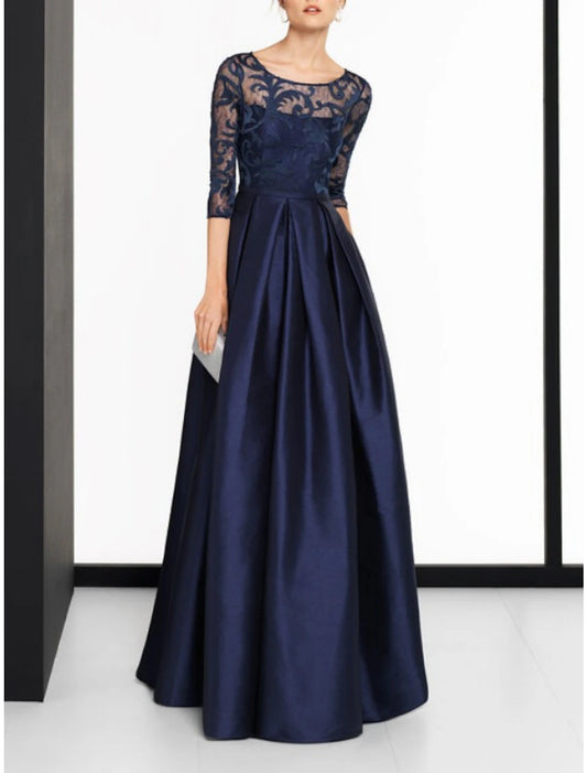 Wholesale A-Line Mother of the Bride Dress Wedding Guest Vintage Elegant Jewel Neck Floor Length Satin Lace 3/4 Length Sleeve with Pleats Solid Color