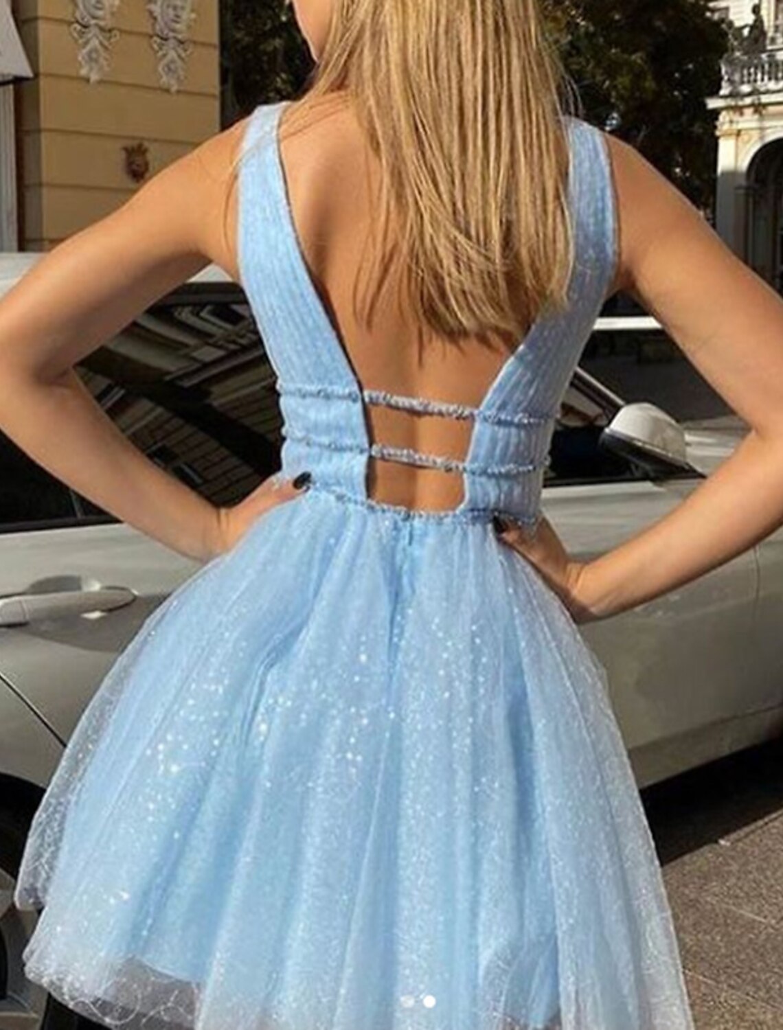 Wholesale A-Line Homecoming Dresses Sleeveless Sparkle & Shine Dress Party Dress Knee Length V Neck Tulle With Sequin Pure Color