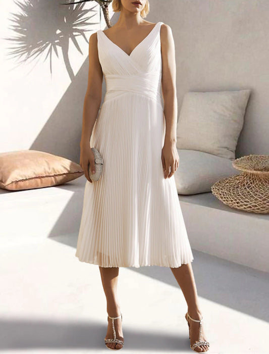 Wholesale A-Line Cocktail Dresses Open Back Dress Formal Wedding Guest Tea Length Sleeveless V Neck Chiffon with Ruched Pure Color