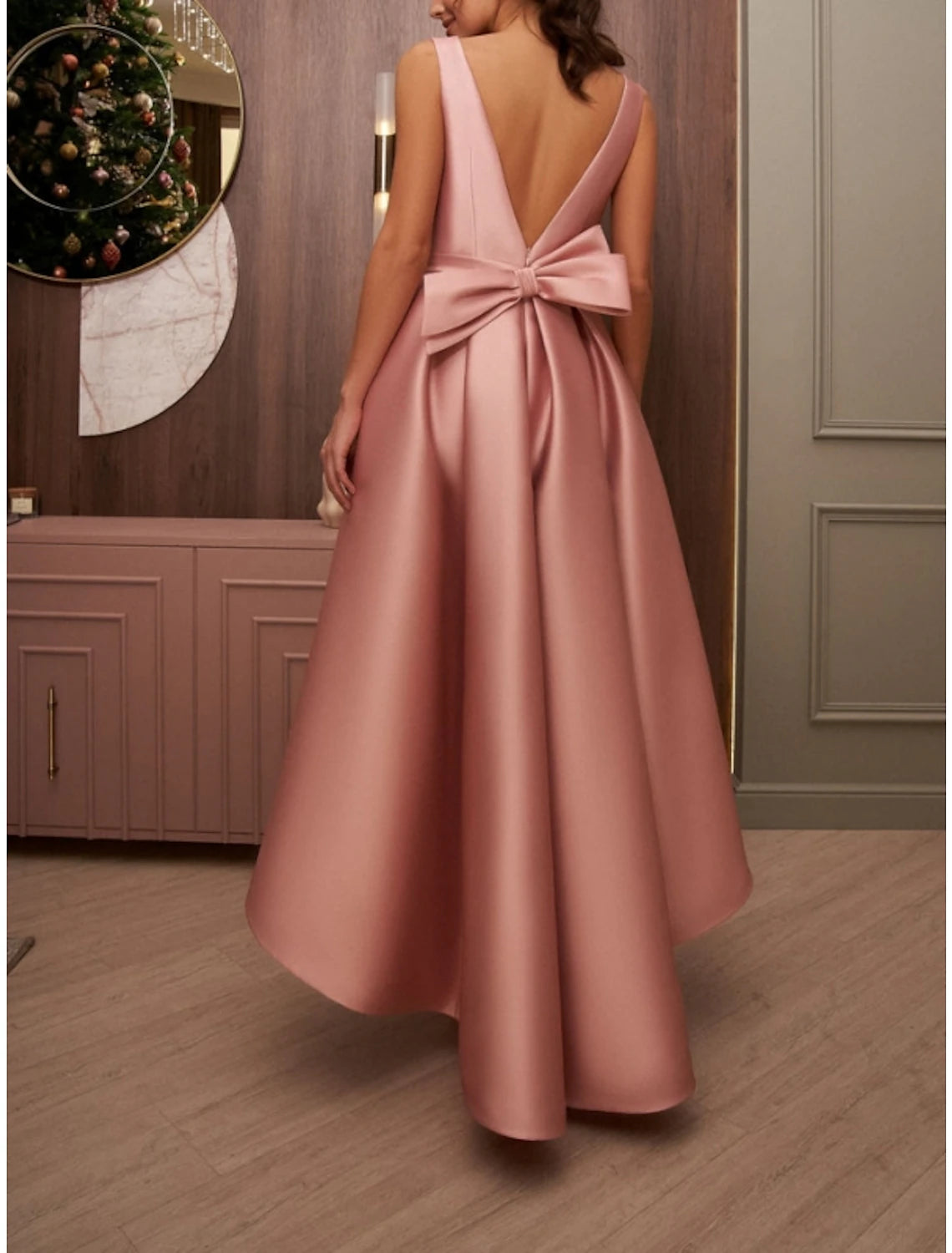 Wholesale A-Line Cocktail Dresses Elegant Dress Wedding Wedding Guest Asymmetrical Sleeveless V Neck Satin with Bow(s) Pleats