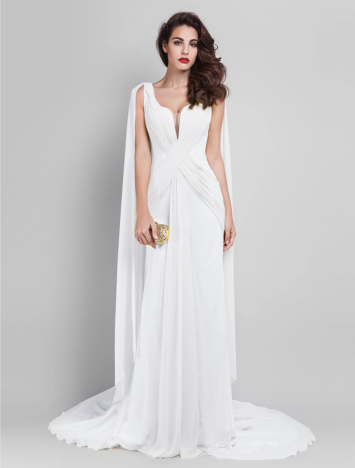 Wholesale Sheath / Column Elegant Dress Wedding Guest Prom Court Train Sleeveless Plunging Neck Georgette V Back