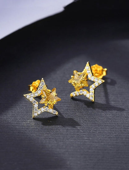 Wholesale Women's Clear Yellow Zircon Stud Earrings Fine Jewelry Classic Star Stylish Simple S925 Sterling Silver Earrings Jewelry Gold For Wedding Party 1 Pair