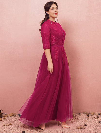 Wholesale A-Line Chinese Style Plus Size Engagement Formal Evening Dress High Neck Half Sleeve Floor Length Lace with Buttons