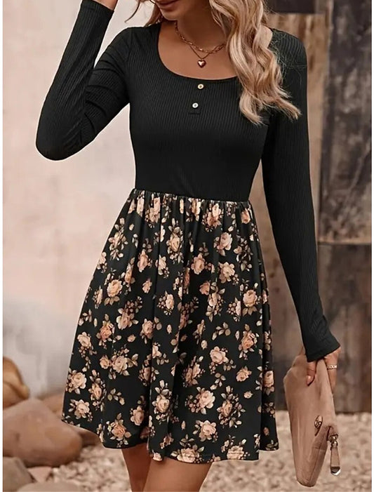 Wholesale Women's Party Dress Homecoming Dress Cocktail Dress Mini Dress Black Long Sleeve Floral Print Summer Spring Fall U Neck Party Wedding Guest Vacation