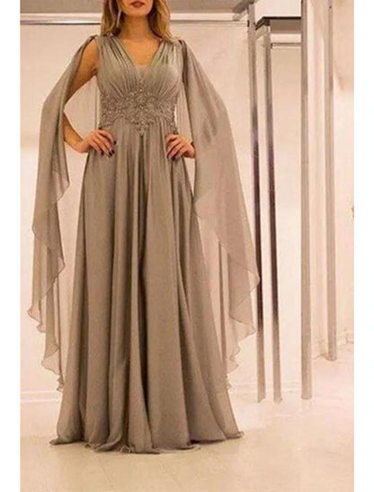 Wholesale A-Line Mother of the Bride Dresses Plus Size Hide Belly Curve Open Back Fall Wedding Guest Dresses Formal Floor Length Short Sleeve V Neck Chiffon with Pleats Beading