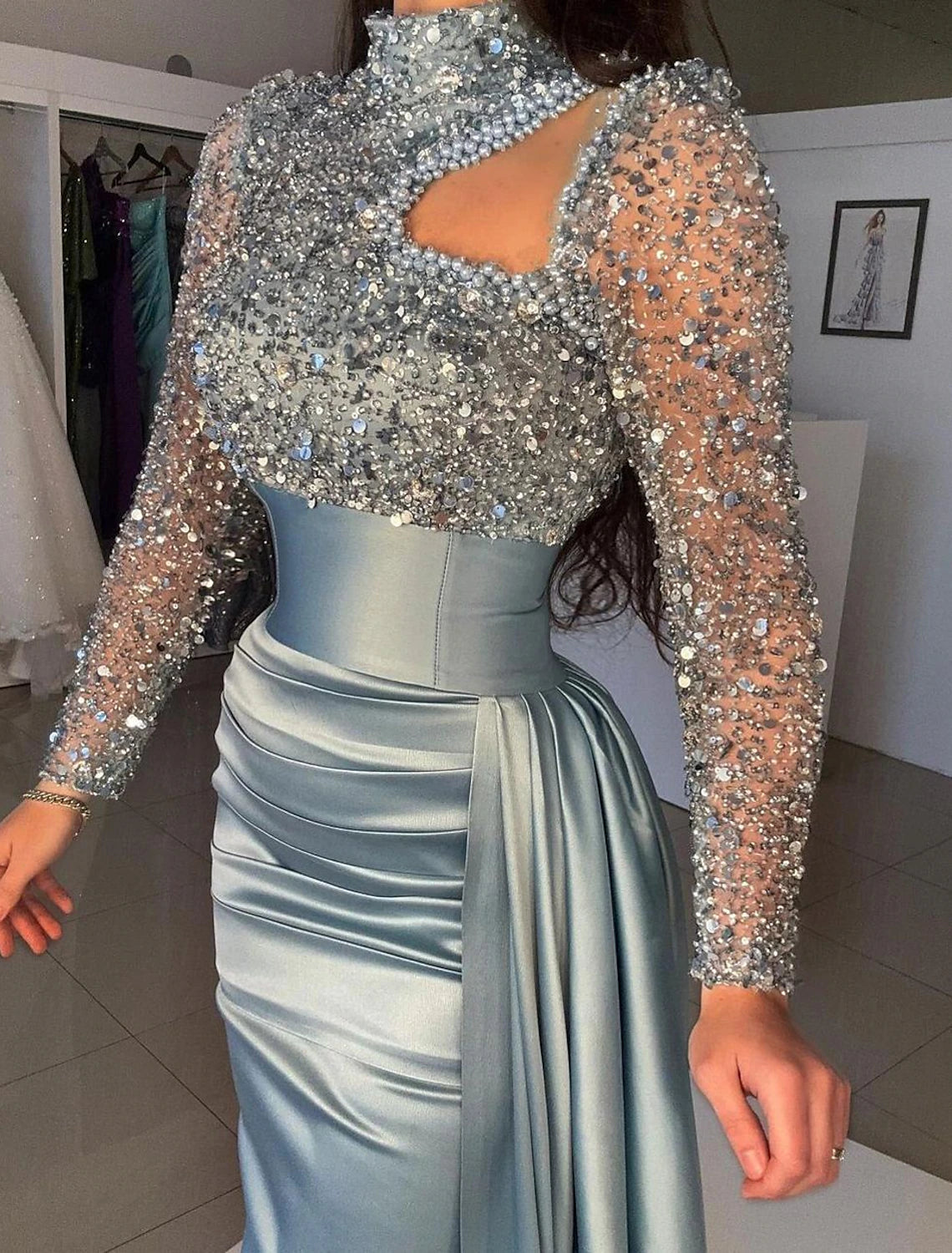 Wholesale Mermaid / Trumpet Evening Gown Elegant Dress Formal Sweep / Brush Train Long Sleeve High Neck Satin with Pearls Sequin