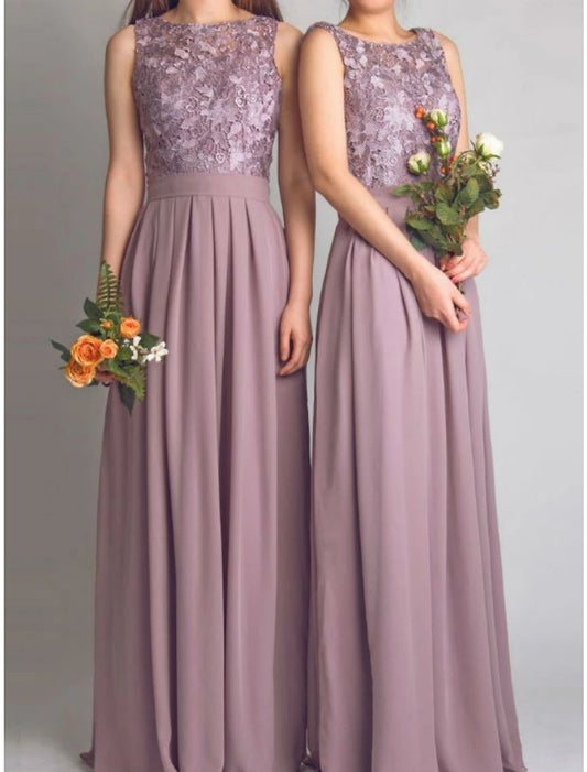 Wholesale A-Line Bridesmaid Dress Scoop Neck Sleeveless Elegant Floor Length Chiffon with Lace / Ruching