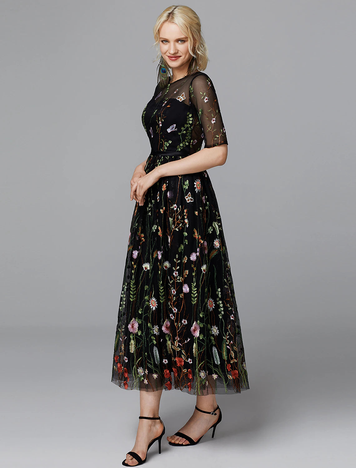 Wholesale A-Line Floral Dress Holiday Wedding Guest Tea Length Half Sleeve Illusion Neck Lace with Embroidery Appliques