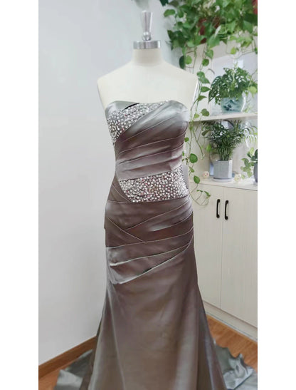 Wholesale Mermaid / Trumpet Elegant Sparkle & Shine Wedding Guest Formal Evening Dress Strapless Sleeveless Sweep / Brush Train Satin with Crystals