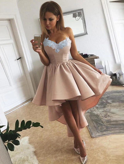 Wholesale A-Line Cocktail Dresses Minimalist Dress Homecoming Asymmetrical Sleeveless Strapless Satin with Appliques