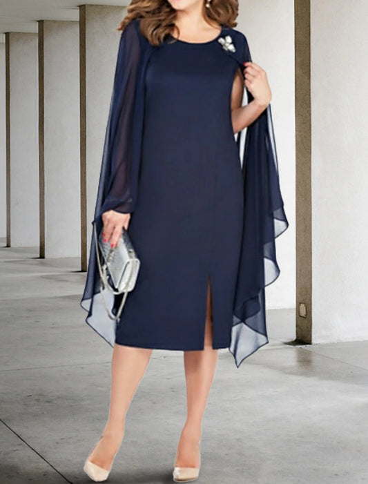 Wholesale Sheath / Column Mother of the Bride Dress Plus Size Jewel Neck Tea Length Chiffon Long Sleeve with Crystal Brooch