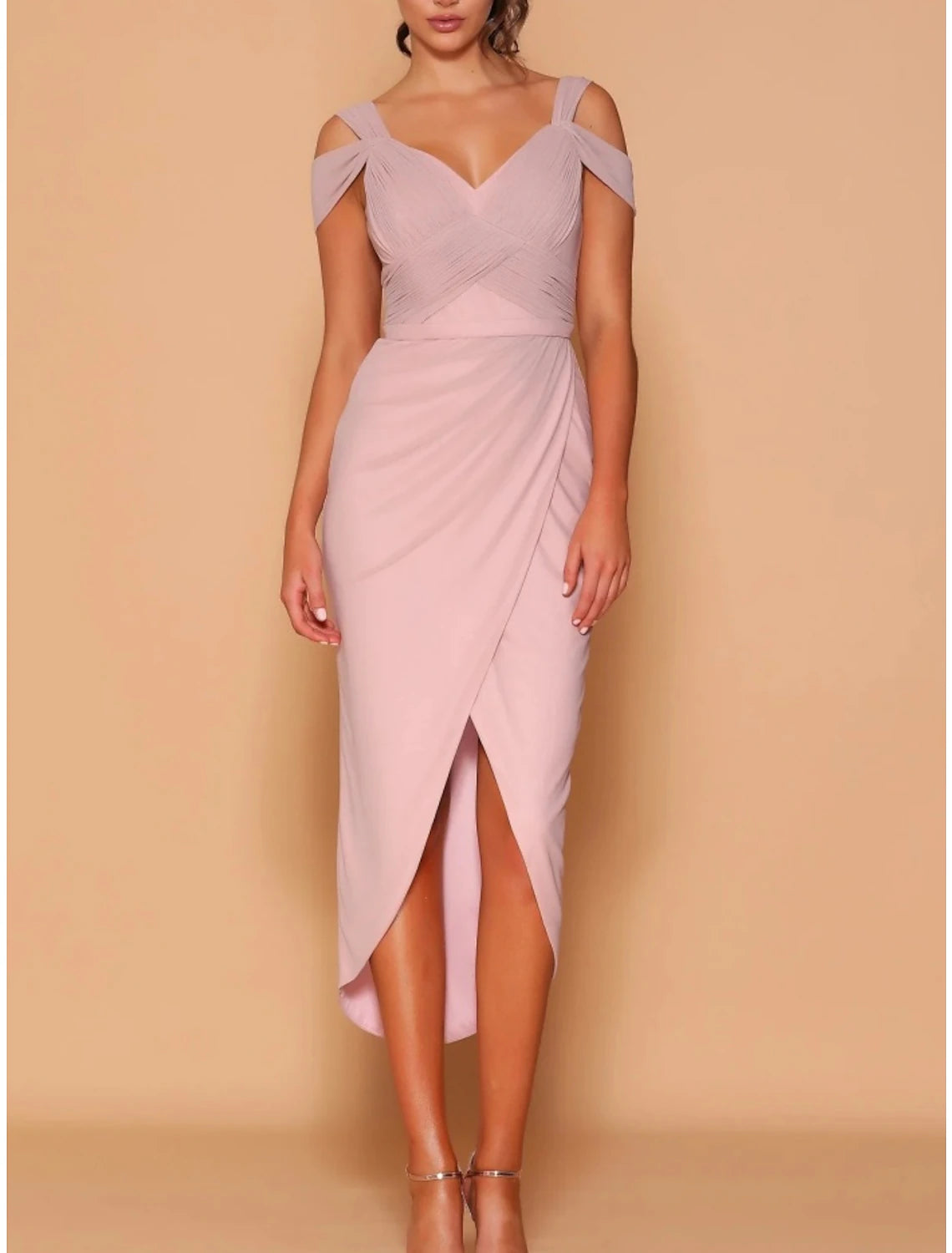 Wholesale A-Line Bridesmaid Dress V Neck Short Sleeve Elegant Tea Length Chiffon with Split Front / Ruching