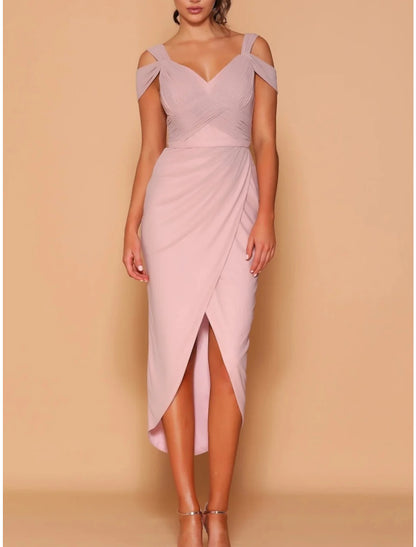 Wholesale A-Line Bridesmaid Dress V Neck Short Sleeve Elegant Tea Length Chiffon with Split Front / Ruching