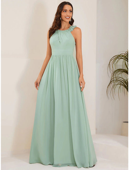 Wholesale A-Line Wedding Guest Dresses Open Back Dress Formal Black Tie Floor Length Sleeveless Jewel Neck Bridesmaid Dress Chiffon with Pleats Shouder Flower